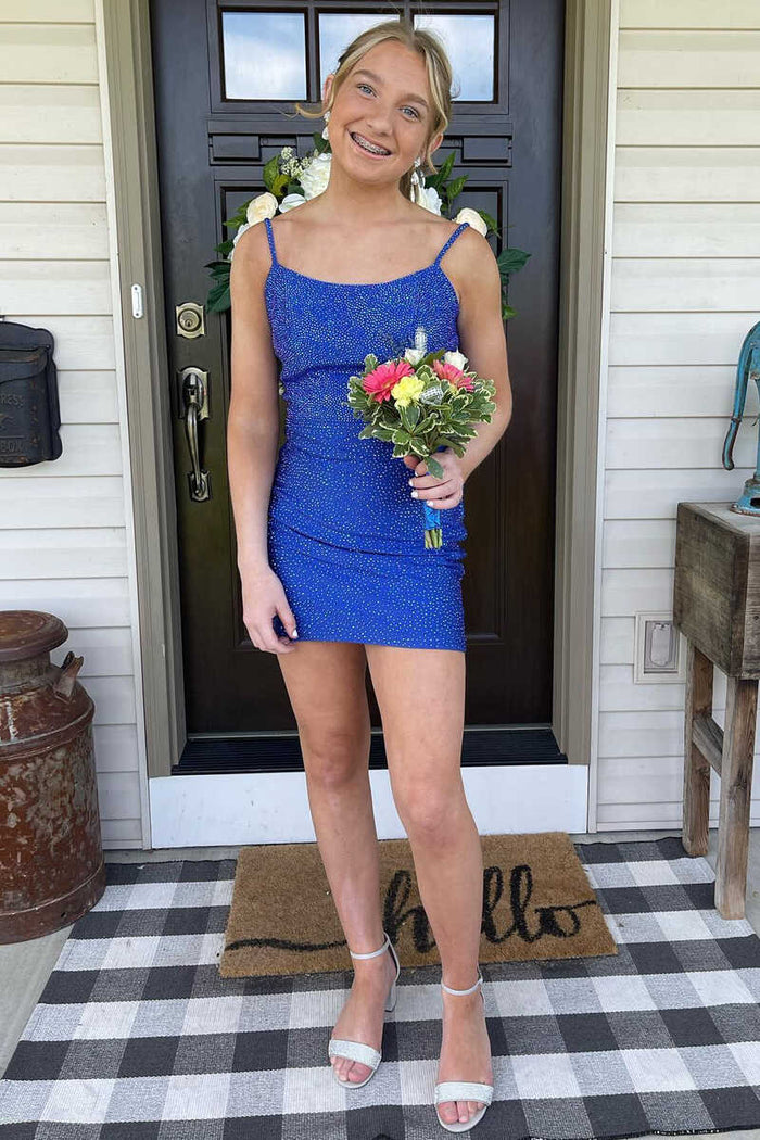 Royal Blue Beaded Straps Short Homecoming Dress