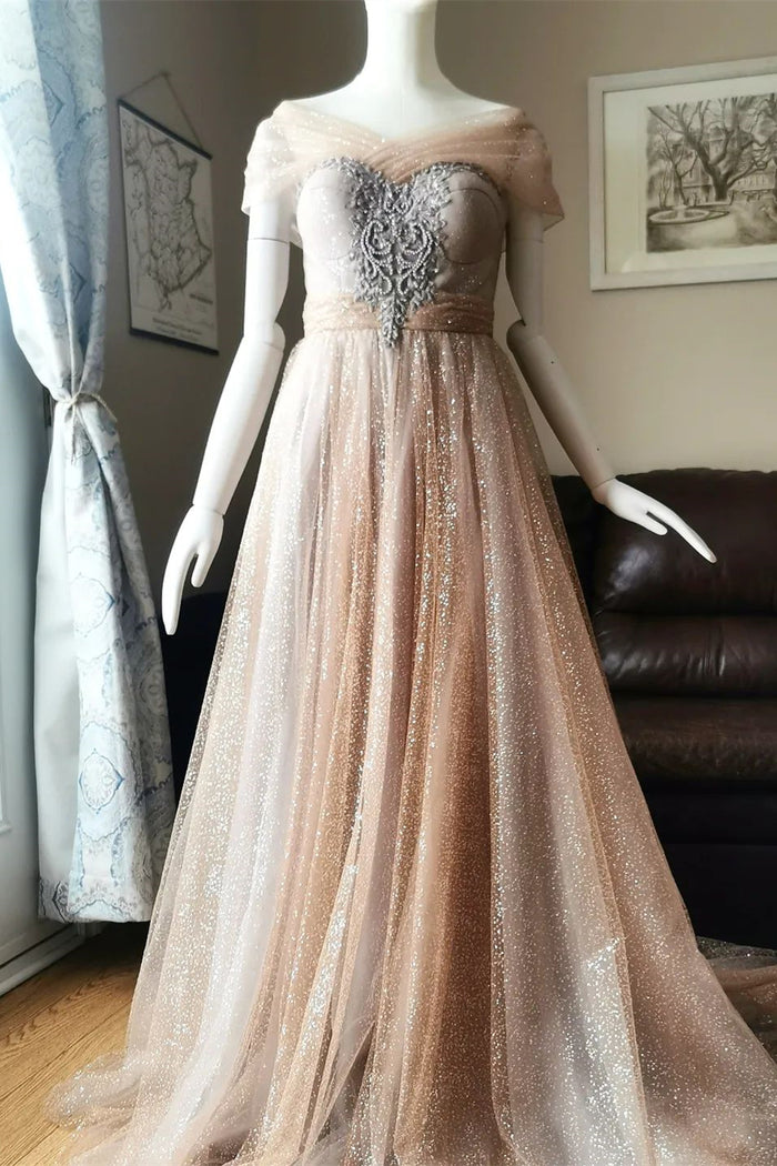 Blushing Pink A-line Illusion PortraitBeaded Appliques Lace-Up Long Prom Dress