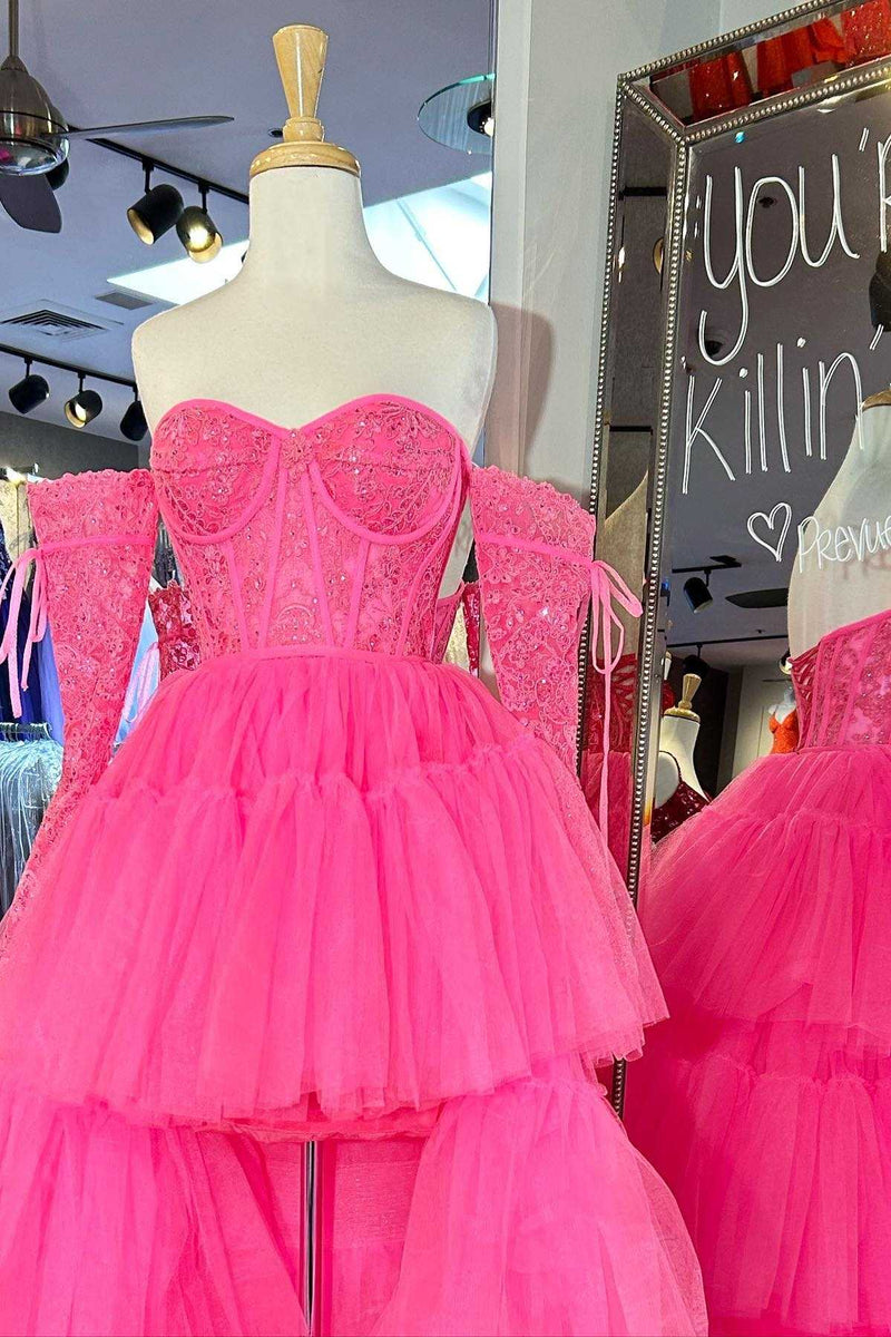 Hot Pink Lace Corset Tiered High-Low Prom Dress