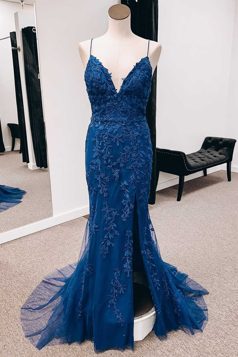 Navy Appliques Lace-Up Back Mermaid Long Formal Dress with Slit