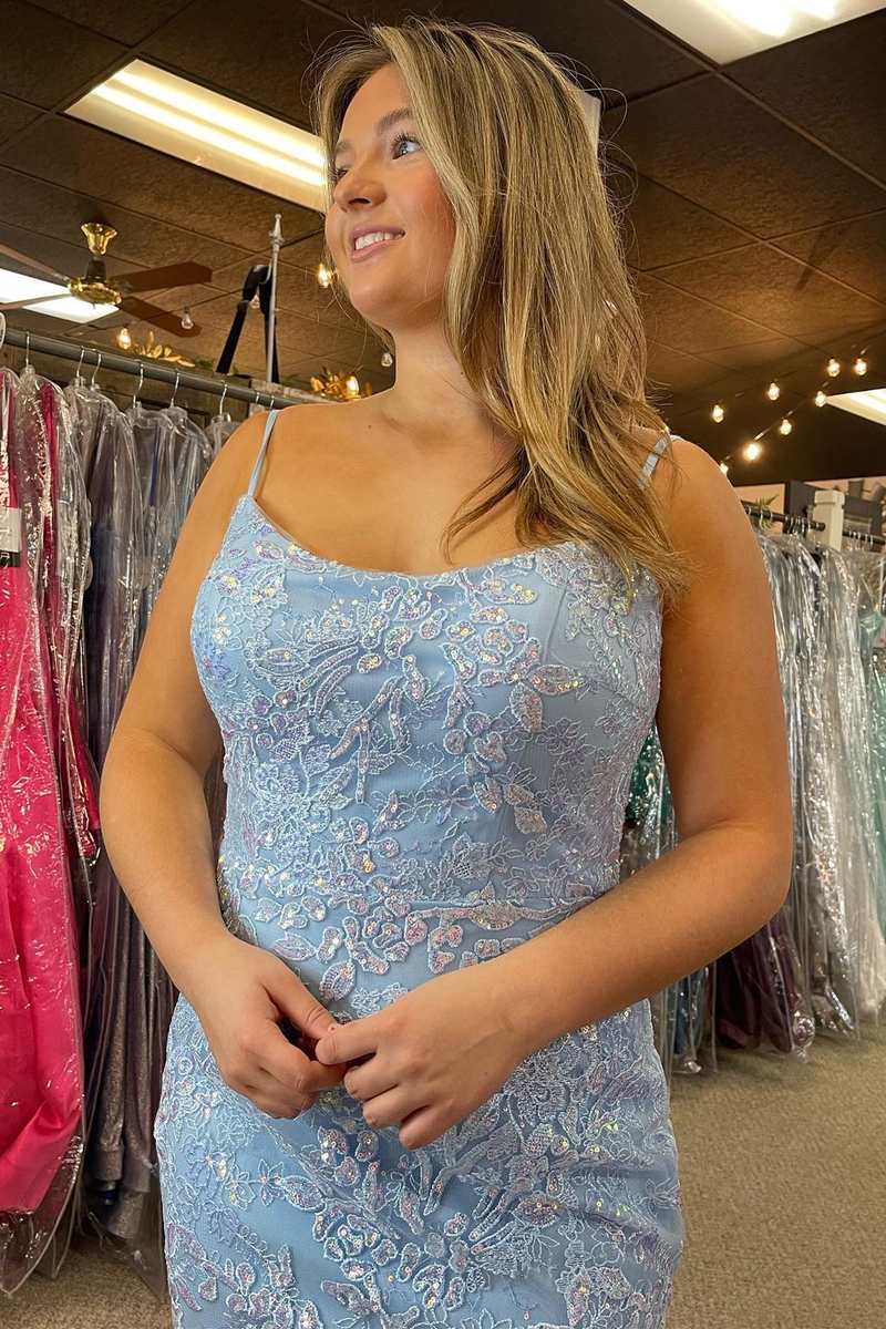 Light Blue Appliques Lace-Up Back Mermaid Long Prom Dress