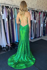 Green Sequin V-Neck Lace-Up Back Mermaid Prom Gown