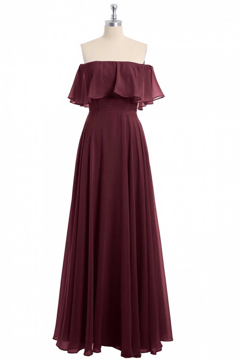 Burgundy Chiffon Strapless Ruffled A-Line Long Bridesmaid Dress