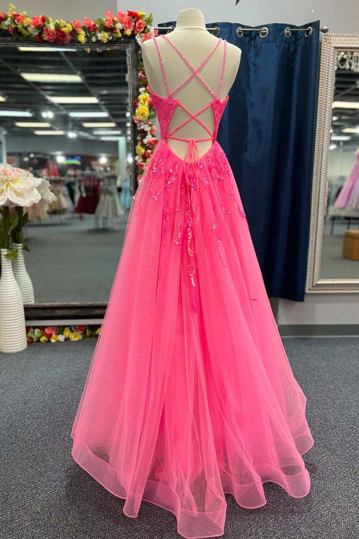 Hot Pink Tulle Appliques Lace-Up A-Line Long Prom Dress