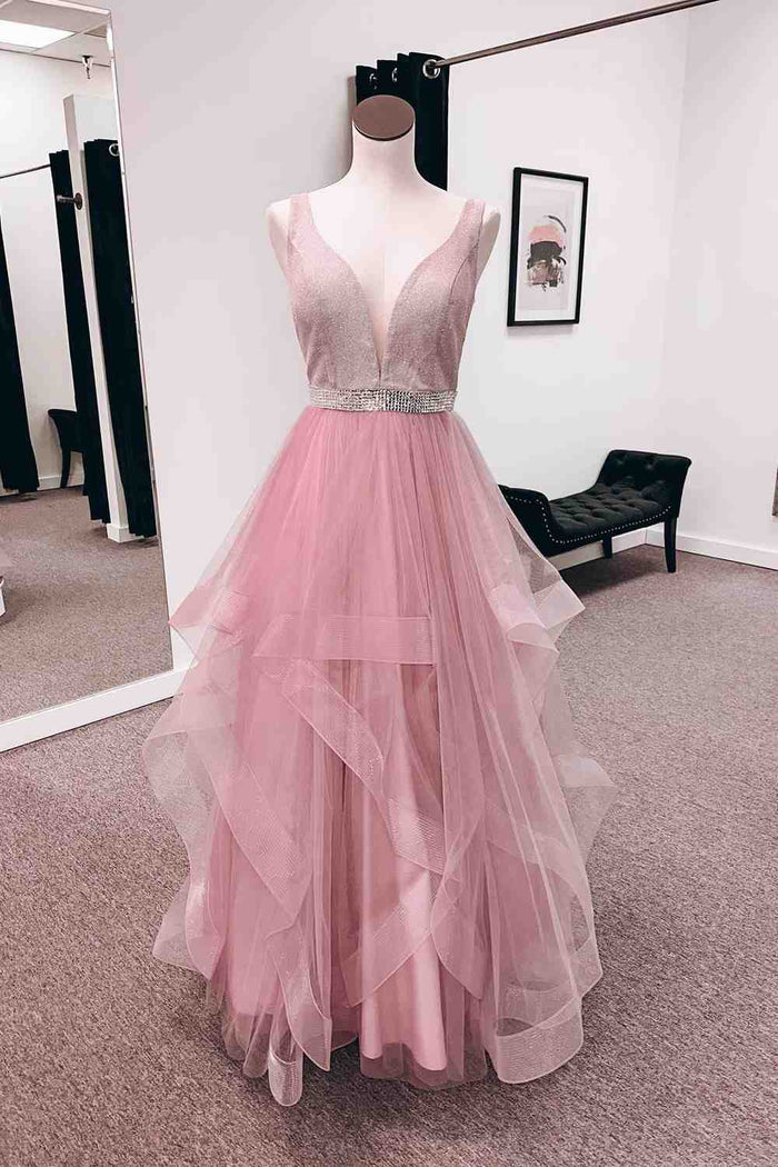 Pink A-line V Neck Tulle Layers Long Prom Dress with Bleaded Sash