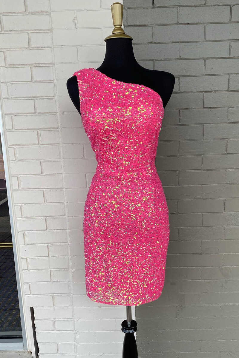 One Shoulder Hot Pink Mini Party Dress