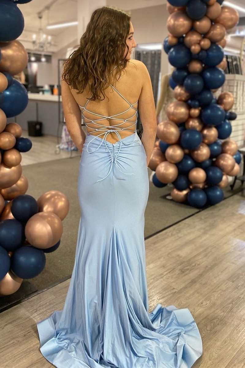 Light Blue V-Neck Lace-Up Mermaid Long Formal Dress