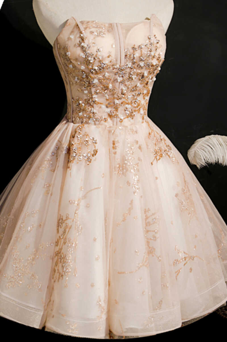 Champagne Beaded Strapless Lace-Up Short Homecoming Dress
