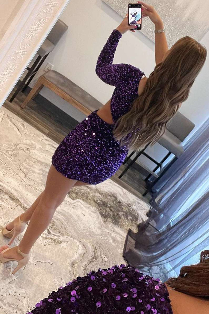 Purple Sequin One-Sleeve Cutout Short Homecoming Dress