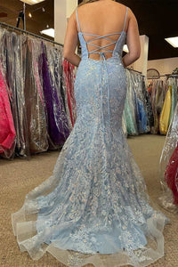 Light Blue Appliques Lace-Up Back Mermaid Long Prom Dress