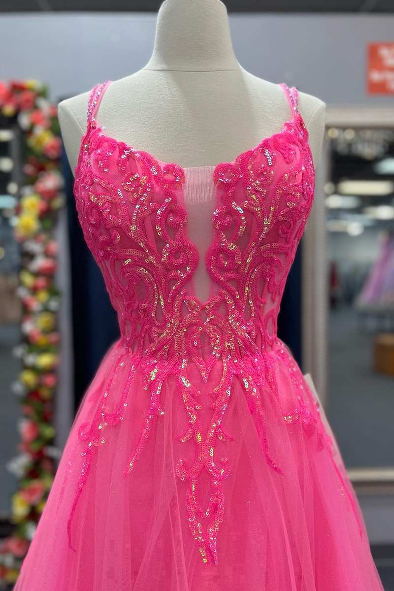 Hot Pink Tulle Appliques Lace-Up A-Line Long Prom Dress
