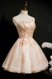 Champagne Beaded Strapless Lace-Up Short Homecoming Dress