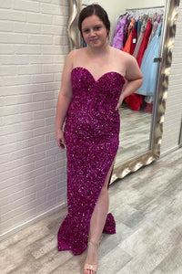 Fuchsia Sequin Sweetheart Mermaid Long Prom Dress with Slit