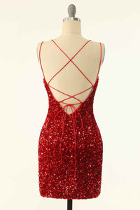 Red Sequin Lace-Up Bodycon Mini Homecoming Dress