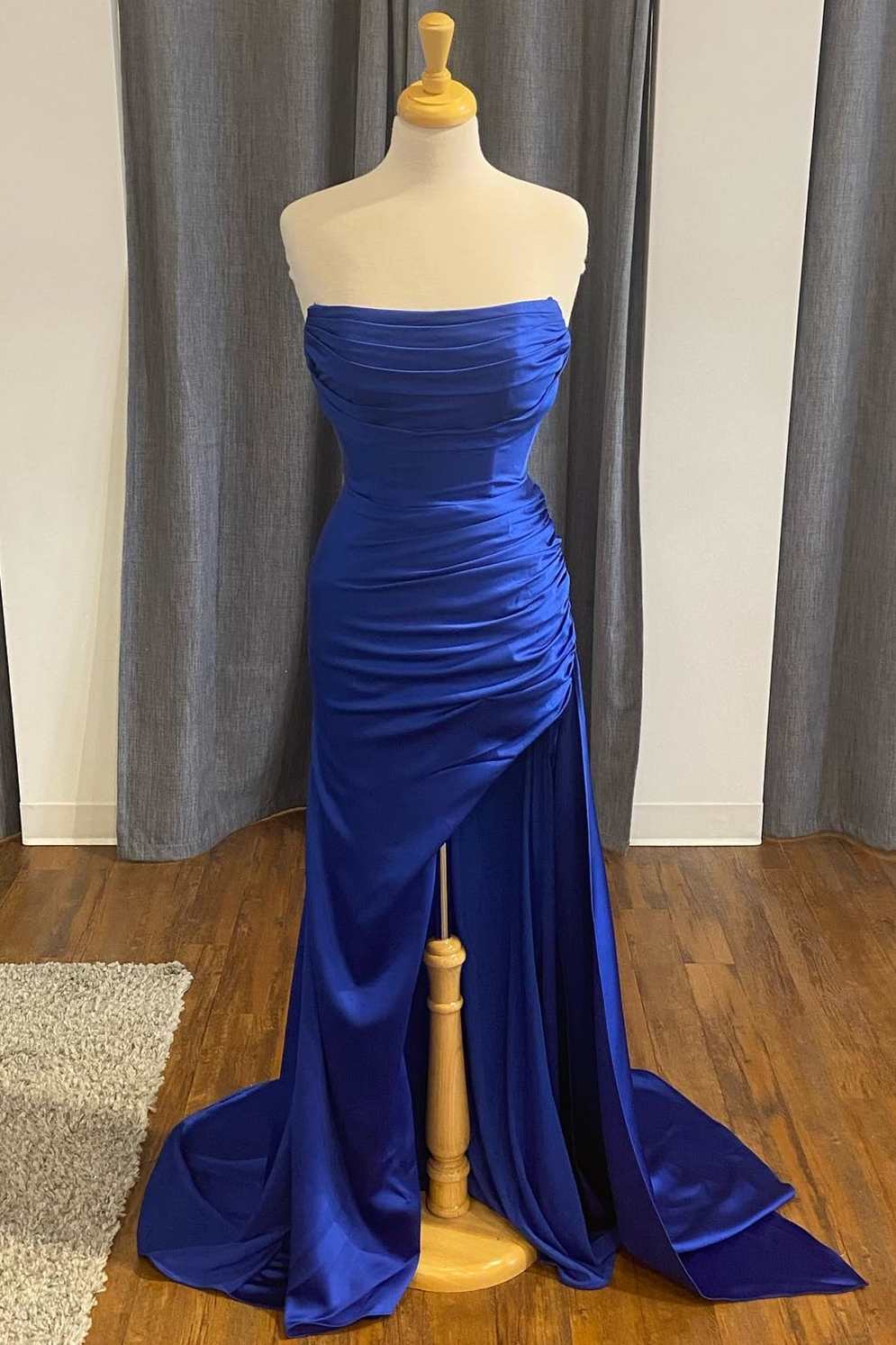 Blue Satin Strapless Mermaid Long Formal Dress with Slit