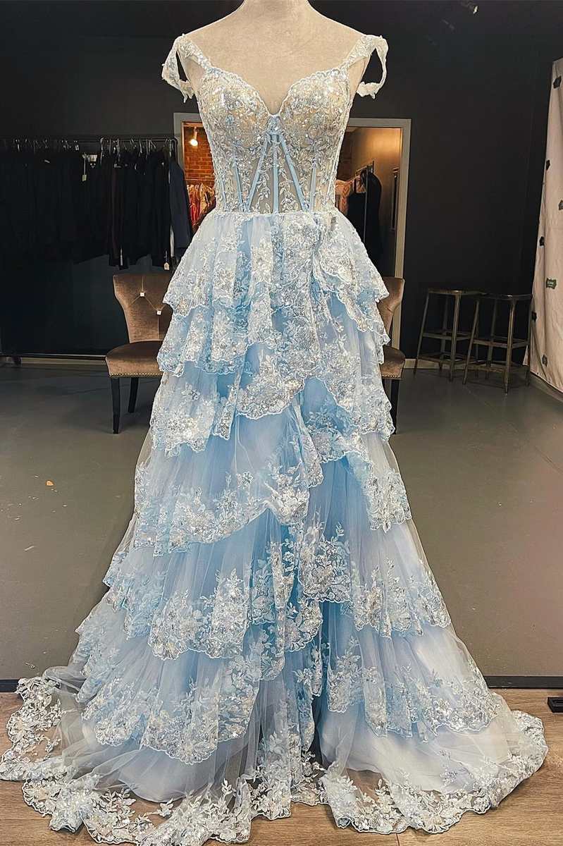 Light Blue Lace Sweetheart Tiered Long Prom Dress with Slit – Dreamdressy