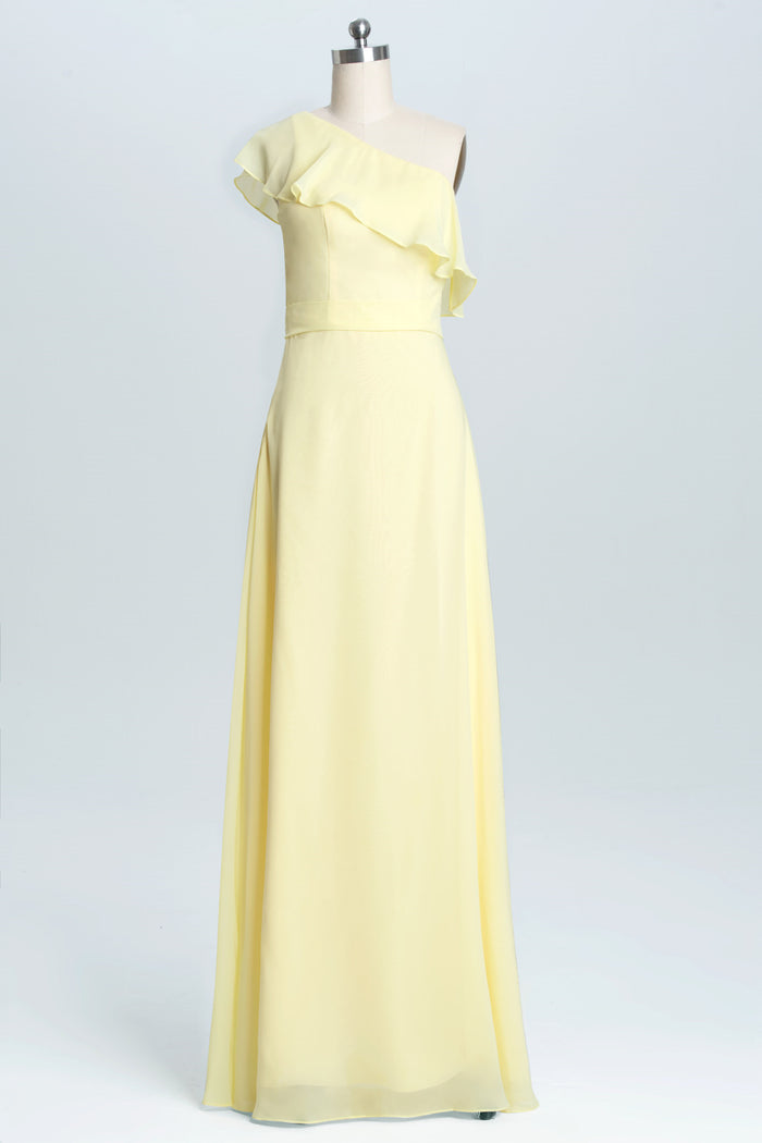 One Shoulder Yellow Ruffles A-line Long Bridesmaid Dress