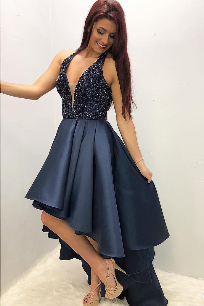 Hi-Low Navy Blue Prom Dress with Beaded Top