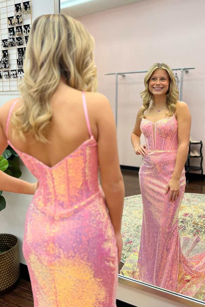 Pink Sequin Split Neck Mermaid Long Prom Gown