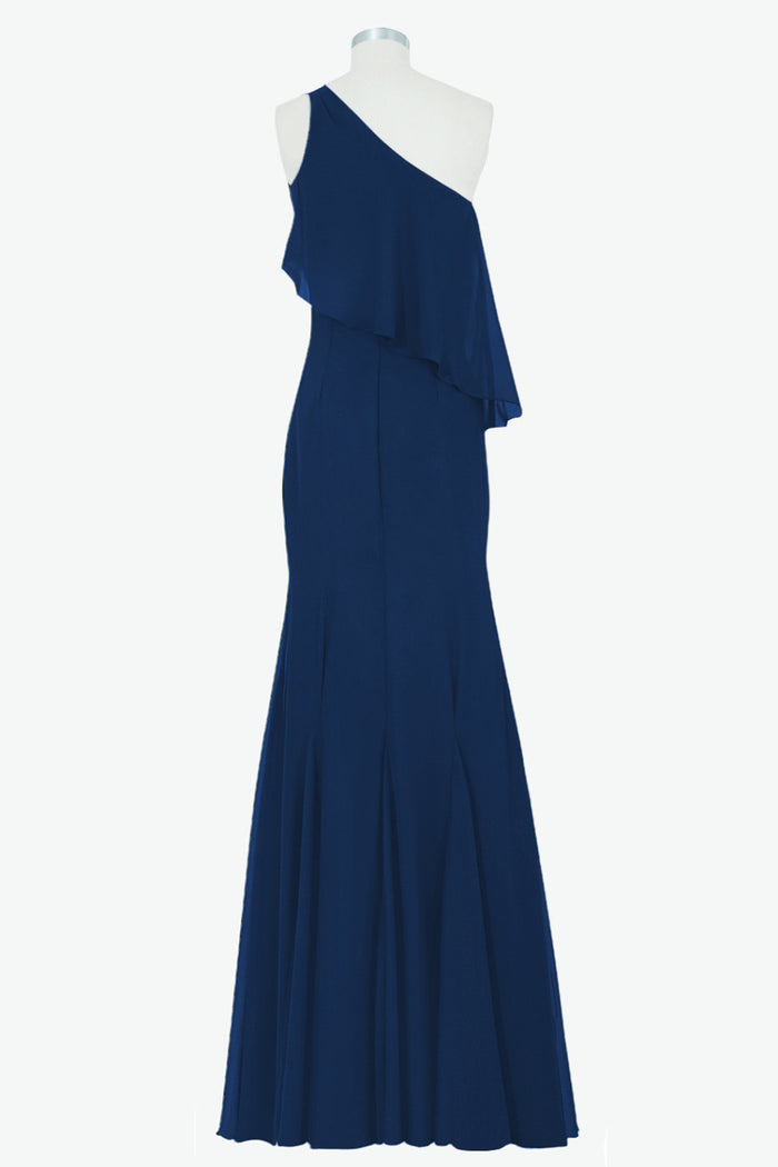 One Shoulder Navy Blue Flounce Mermaid Long Bridesmaid Dress