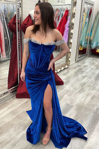 Blue Velvet Rhinestones Off-the-Shoulder Mermaid Long Formal Dress with Slit