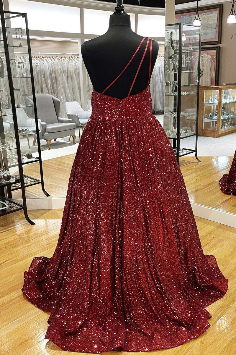 Wine Red Sequin One-Shoulder Ball Gown