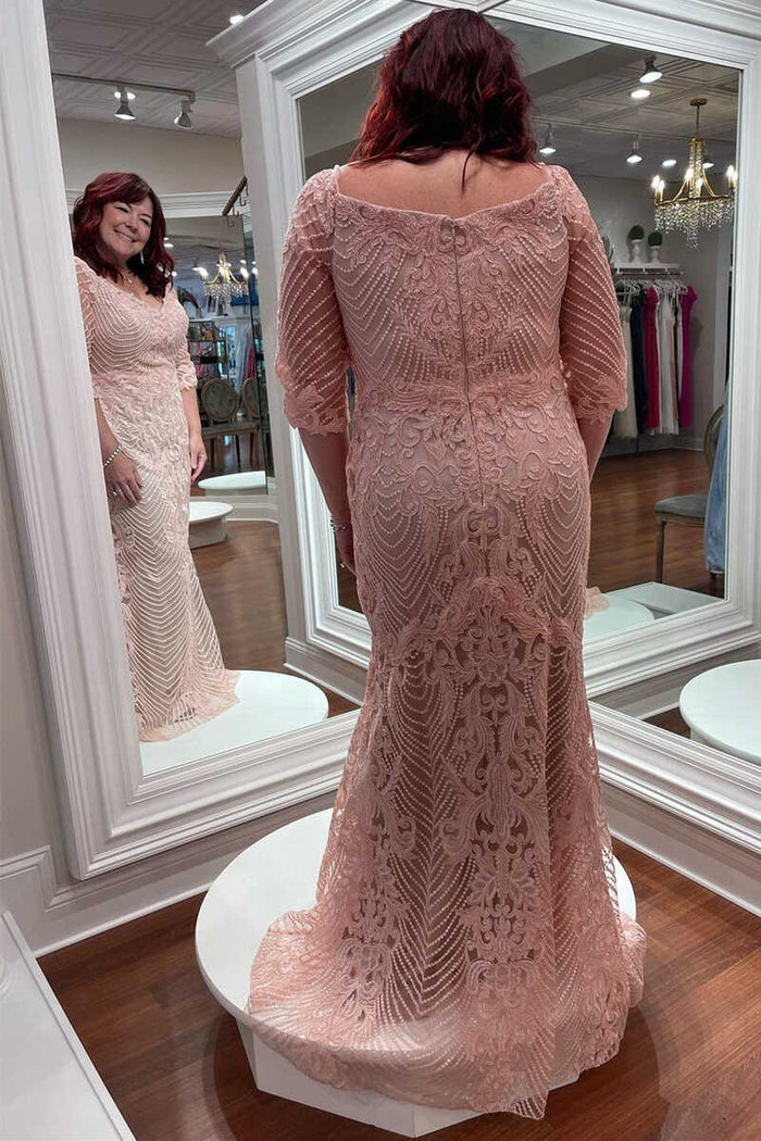 Pink Lace Half Sleeve Long Mother of the Bride Dress