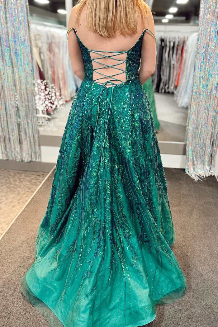 Emerald Green Appliques Lace-Up A-Line Prom Gown