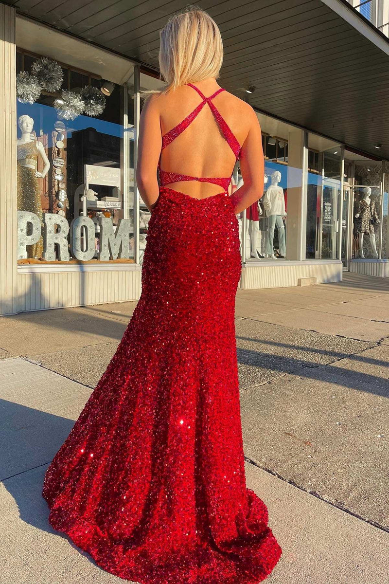 Red Sequin Fringe Mermaid Long Prom Dress with Slit