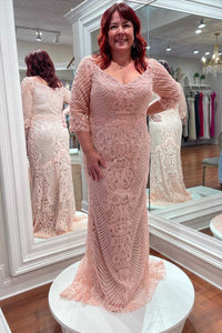 Pink Lace Half Sleeve Long Mother of the Bride Dress