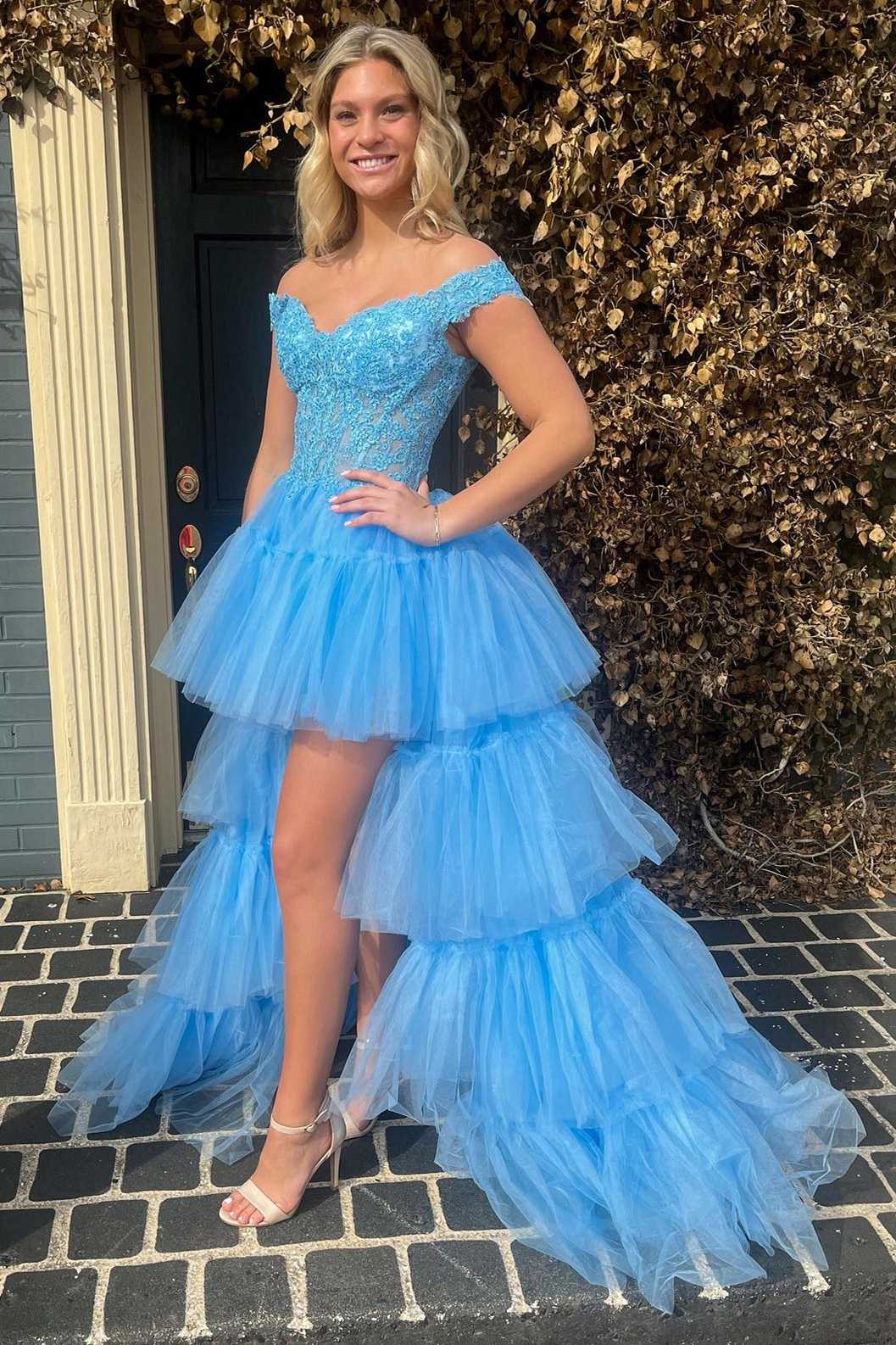 Blue Tulle Lace Off-the-Shoulder High-Low Tiered Prom Dress