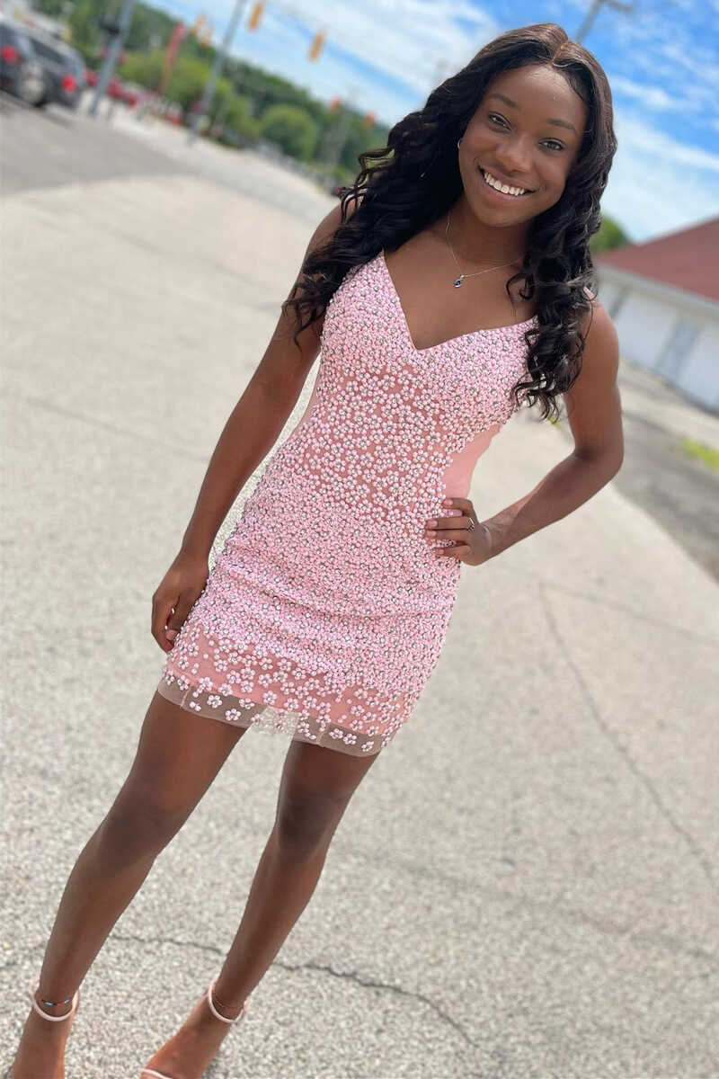 Pink Beaded V-Neck Bodycon Short Party Dress