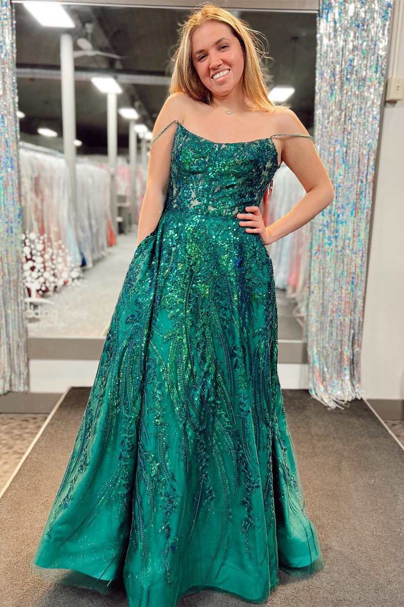 Emerald Green Appliques Lace-Up A-Line Prom Gown