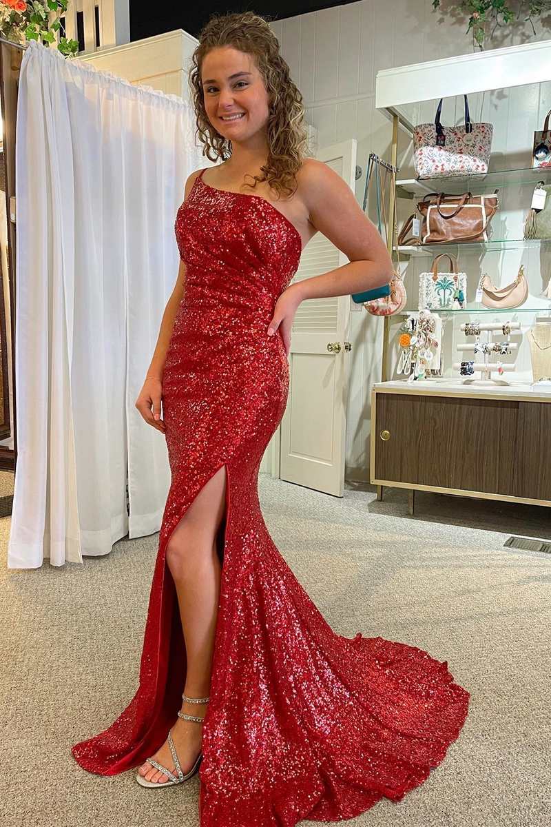 Red Sequin One-Shoulder Ruched Mermaid Long Prom Gown