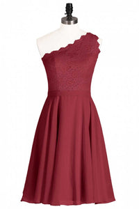 One-Shoulder Burgundy Lace A-Line Short Bridesmaid Dress