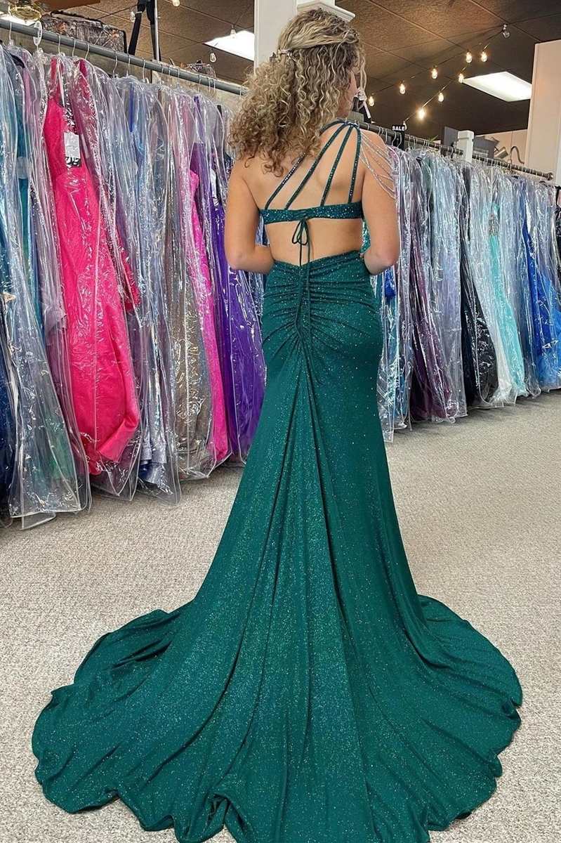 One-Shoulder Hunter Green Beaded Mermaid Long Prom Dress with Slit