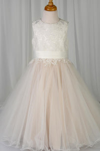 Blush Pink Sleeveless Appliques Long Flower Girl Dress with Bow Tie back Sash