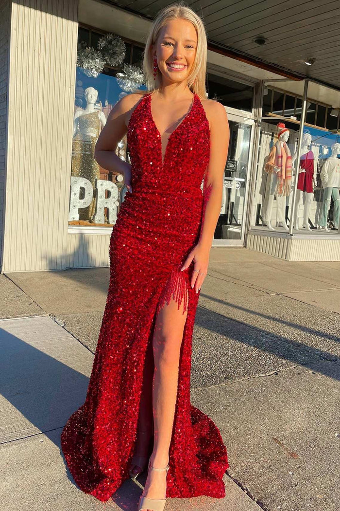 Red Sequin Fringe Mermaid Long Prom Dress with Slit