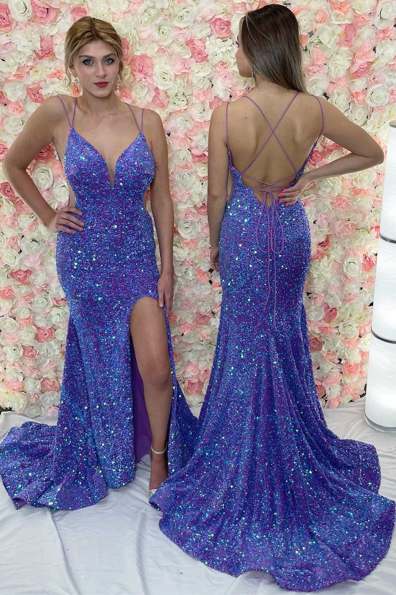 Purple Iridescent Sequin Lace-Up Back Mermaid Long Prom Dress
