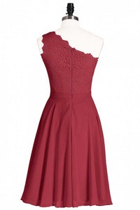 One-Shoulder Burgundy Lace A-Line Short Bridesmaid Dress