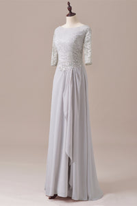 Grey Lace Ruched Side Half Sleeve Long Mother of the Bride Dress