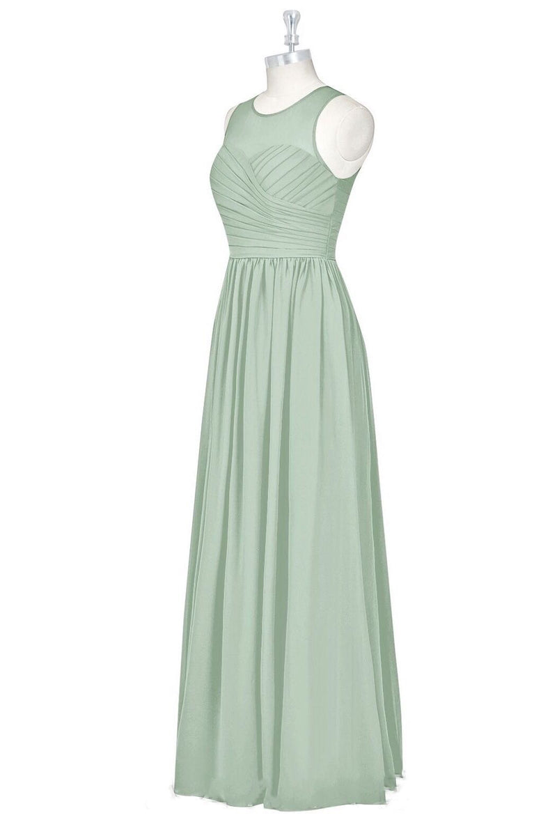 Sage Green Chiffon Sheer Neck A-Line Long Bridesmaid Dress