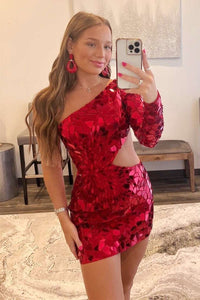 Red Cut Glass Mirror One-Sleeve Cutout Short Homecoming Dress