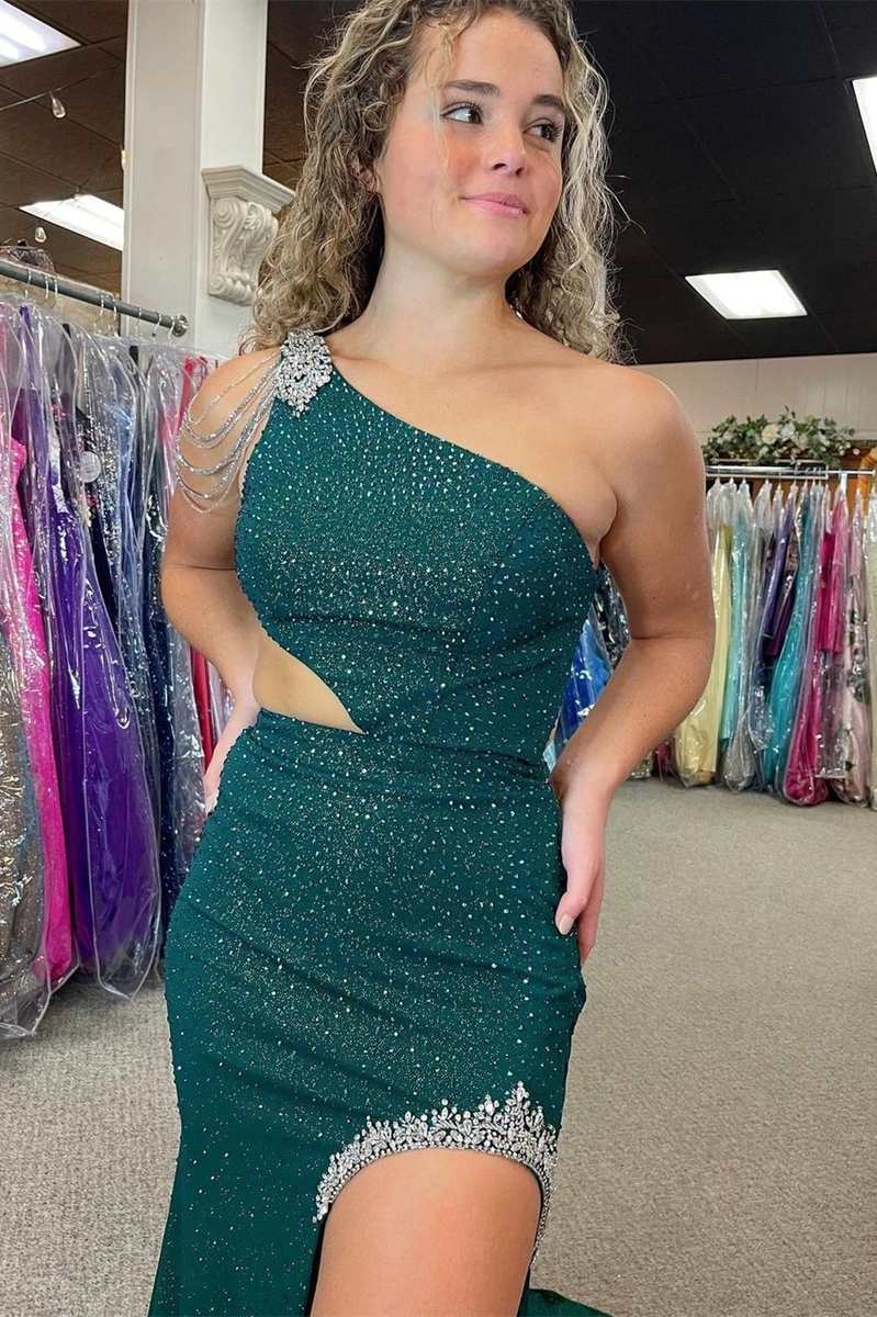 One-Shoulder Hunter Green Beaded Mermaid Long Prom Dress with Slit