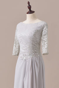 Grey Lace Ruched Side Half Sleeve Long Mother of the Bride Dress