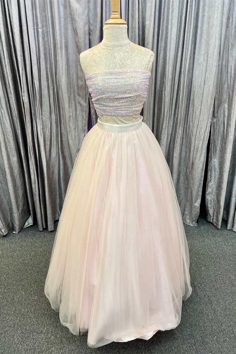 Two-Piece Silver Sequin A-Line Prom Dress