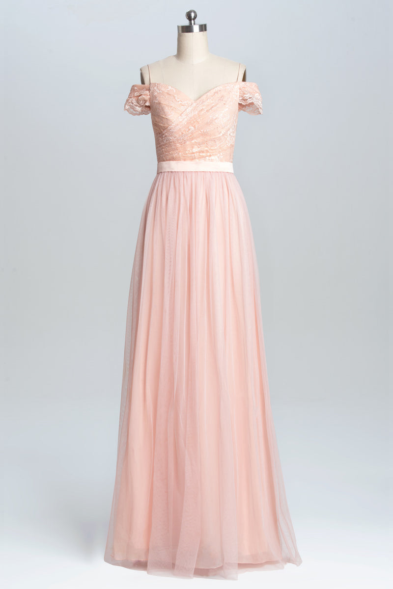 Off the Shoulder Pink Lace and Tulle Long Bridesmaid Dress