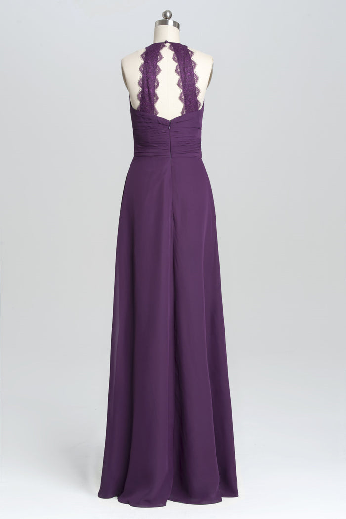 Purple Halter A-line Pleated Long Bridesmaid Dress