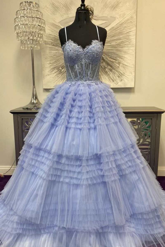 Periwinkle Lace Sweetheart Tiered Long Prom Dress with Ruffles