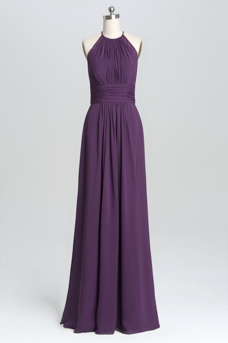Purple Halter A-line Pleated Long Bridesmaid Dress